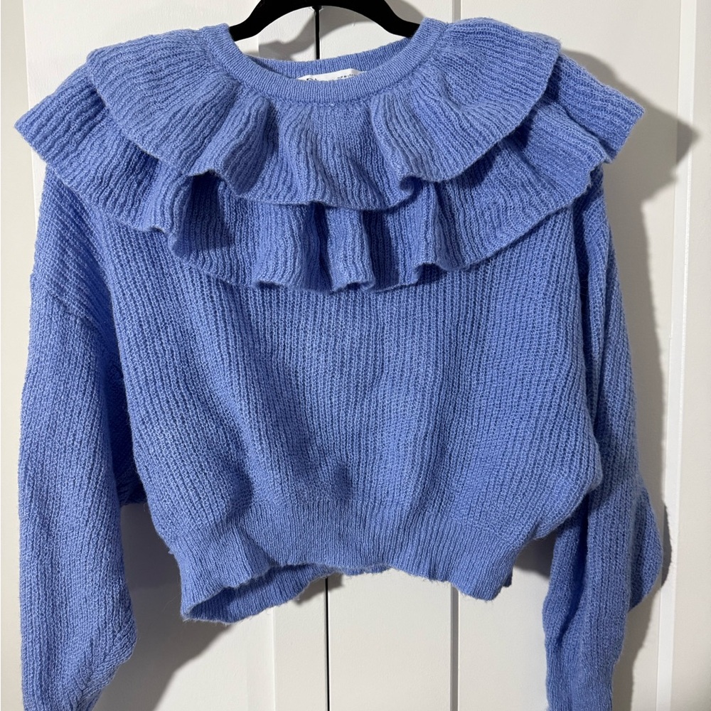 Zara Blue Ruffled Crew Neck Sweater